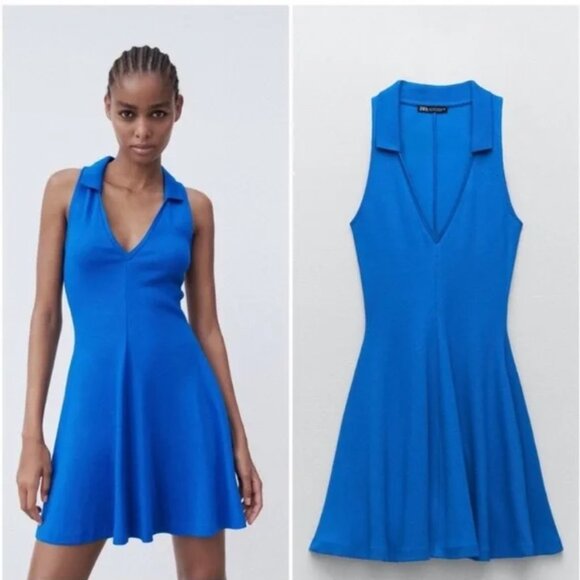 ZARA V-Neck Collar Sleeveless Blue Ribbed Fit & Flare Swing Mini Dress Sz M - Picture 1 of 9